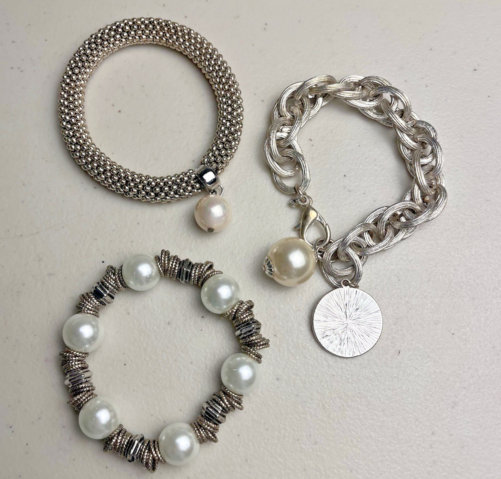 Chunky Faux Pearl Bracelet Lot Silver Tone Initial Charm Large Link Set of 3